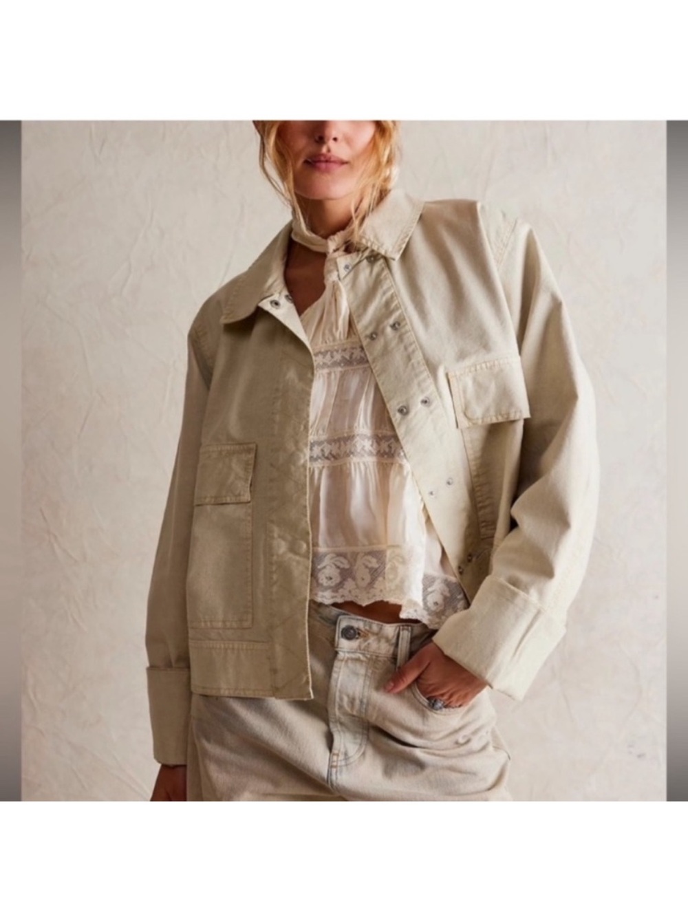 Free People Suzy Linen Utility Jacket Oat Sand Size Large New Boho